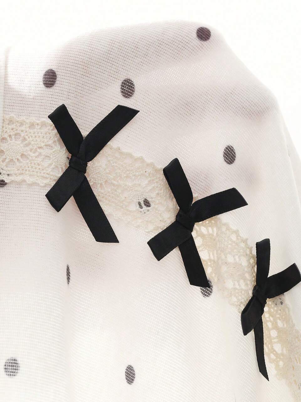 Sweet Bow-Knot Decor Polka Dot Print Wave Hem Design Pajama Set, Fall Winter Clothes