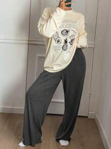 DAZY Fruit Pattern Decor Loose T-Shirt And Soft Brushed Knit Pajama Pants Set