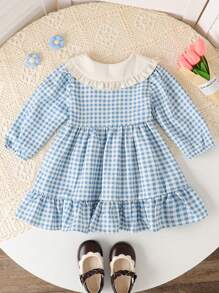 SHEIN Baby Girl Chic Long Sleeve Ruffled Collar Plaid Pattern Princess Dress, Autumn - Blue - View 2