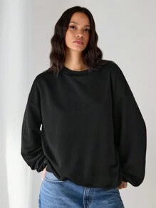 Manfinity INSISELF Letter Embroidery Loose Round Neck Black Long Sleeve Pullover Sweatshirt, Autumn/Winter Going Out Crew Neck Black Letter Long Sleeve Sweatshirt, For Friends, Husband, Boyfriend Gifts