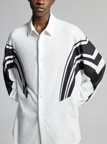 NEON BLANC Men's Woven Contrast Color Stripe & Numeral Print Long Sleeve Shirt - White - View 4