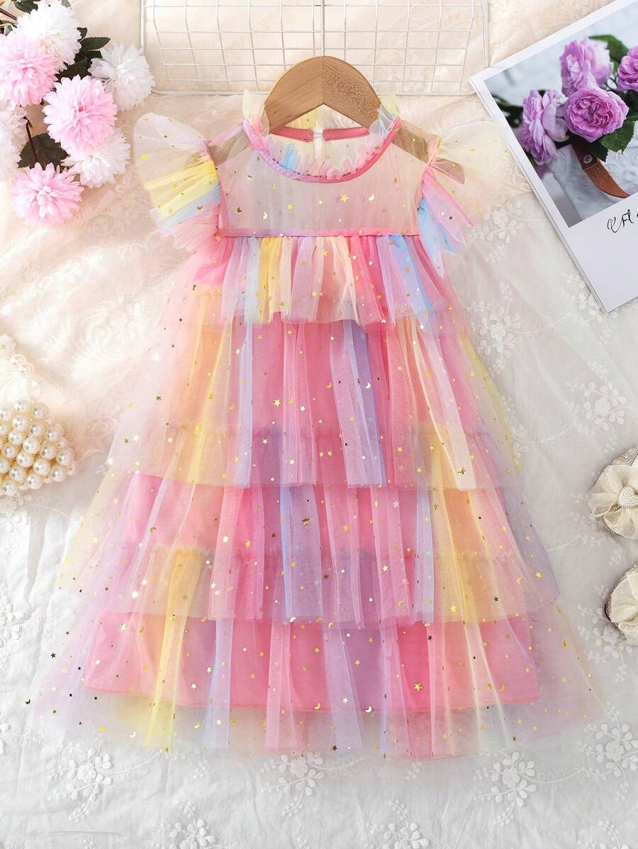 SHEIN Glamorique Kids 年轻女孩奢华荷叶边领分层闪亮亮片网眼芭蕾舞裙，适合夏季派对和度假儿童彩虹裙儿童柔和色裙儿童彩虹裙柔和色裙年轻女孩 - 彩色 - 查看 1