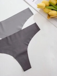 12pcs Assorted Floral Plaid & Solid Seamless Thong Panties, Casual - Multicolor - View 5