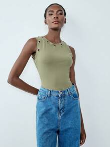 Chiquease High Elastic Knitted Fabric Solid Color Crew Neck Hollow Metal Ring Sexy Casual Commuter Y2K Street Fashion Women Tank Top, Spring/Summer Graphic Tees Women Tops - Army Green - View 4