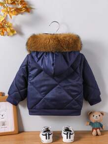 SHEIN Áo khoác cổ lông ấm áp dài tay dày cho bé trai/bé gái thời trang thường ngày, thích hợp cho chuyến đi ngoài trời, mùa thu/đông - Xanh đậm - Xem 2