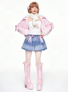 ROMWE Kawaii Women's Cute Ribbon Bow Embellished Flared Denim Skirt - Dark Wash - View 3