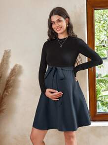 SHEIN Maternity Two-Tone Mock Neck Belted Dress, Suitable For Autumn And Winter Seasons