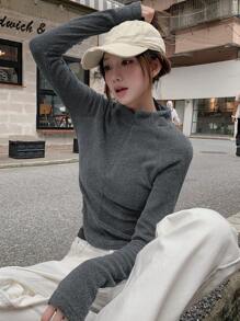 DAZY Women's Solid Color Long Sleeve Fleece Pullover Sweatshirt,Fall Women Clothes,Thermal Lined - Grey - View 4