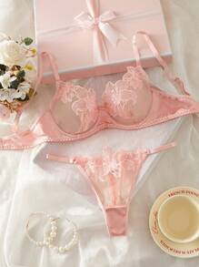 2pcs Women Lace Panel Embroidered Wireless Sexy Bra & Panty Lingerie Set - Multicolor - View 1