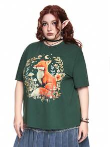 ROMWE Fairycore Plus Size Fox & Floral Print Casual Short Sleeve T-Shirt For Summer