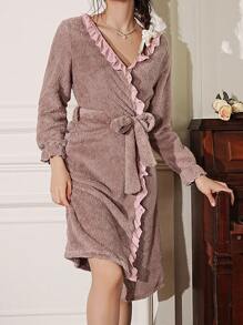 Ruffle Trim Plush Casual Women's Winter Robe - Mauve Purple - View 5