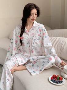 DAZY Floral Print Contrast Color Trim Long Sleeve Pajama Set