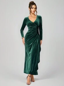 SHEIN Belle Đầm dạ hội trang trọng dài tay cổ chữ V xếp nếp chéo thanh lịch dành cho nữ, váy dạ hội, dành cho khách dự tiệc cưới, tốt nghiệp, tiệc tối, giáng sinh - Màu xanh lá cây đậm - Xem 1