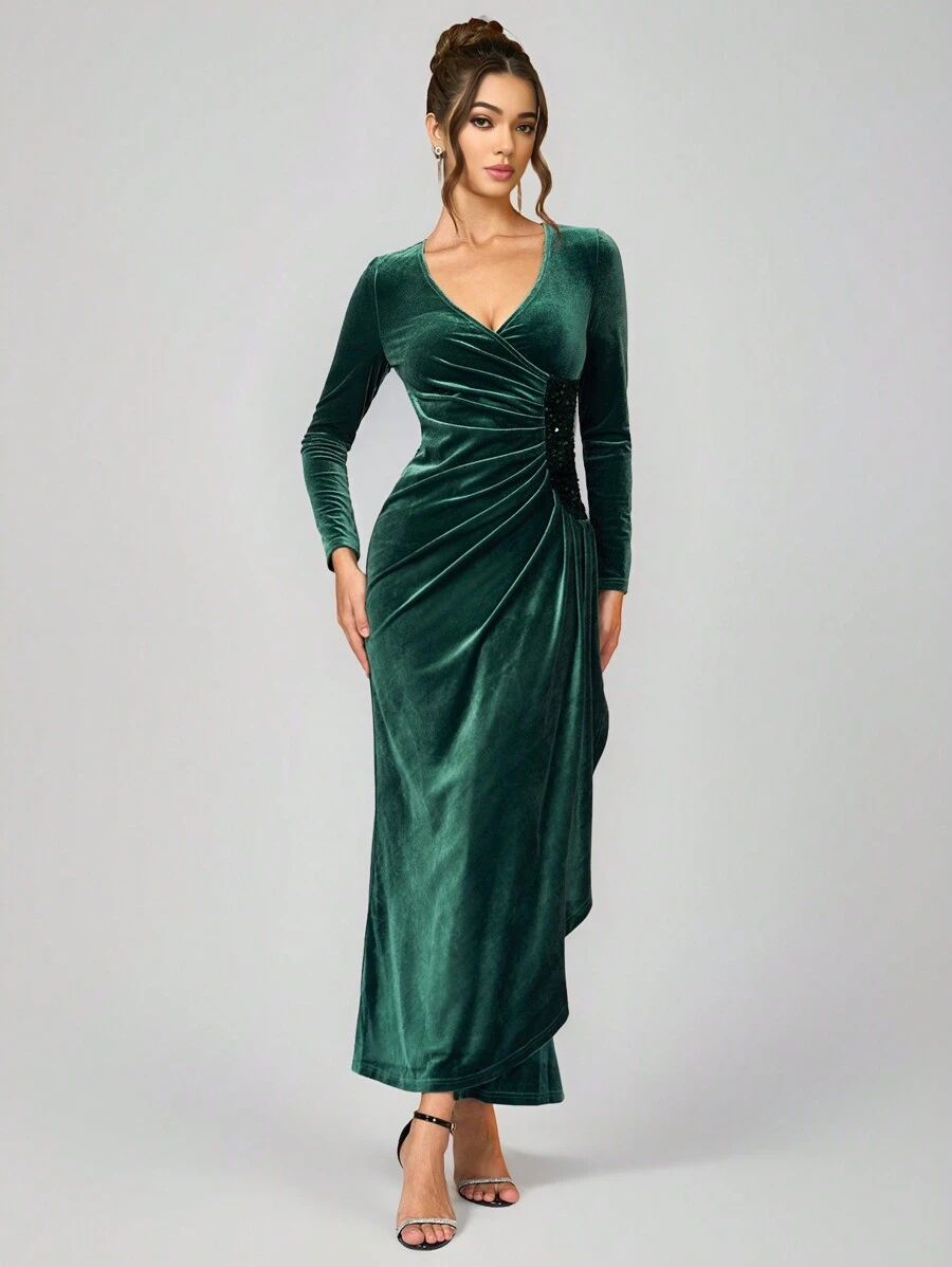 SHEIN Belle Đầm dạ hội trang trọng dài tay cổ chữ V xếp nếp chéo thanh lịch dành cho nữ, váy dạ hội, dành cho khách dự tiệc cưới, tốt nghiệp, tiệc tối, giáng sinh - Màu xanh lá cây đậm - Xem 1