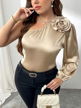 SHEIN Privé 大码女式 3D 花卉优雅半肩衬衫，适合工作、约会、派对、秋冬季