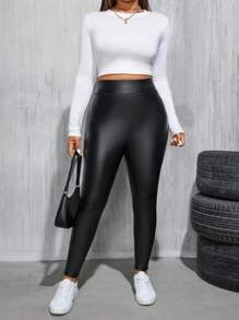 SHEIN CURVE+ 大码女式秋冬休闲时尚基本款保暖内衬黑色弹力 PU 皮革紧身裤、女式下装、冬季服装、曲线裤、街头服饰、皮裤、羊毛紧身裤、羊毛内衬/秋冬 - 黑色 - 查看 5