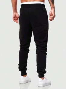 ROMWE MEN Street Life Men's Casual Star & Letter Print Drawstring Waist Sweatpants - Black - View 3
