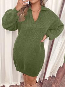 SHEIN Clasi Plus Size Women's Turndown Collar Long Lantern Sleeve Loose Elegant Work Casual Knit Sweater Dress, Winter