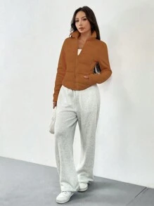 SHEIN Unity 女士纯色长袖前拉链短款休闲棉服外套，冬季服装秋季女装 - 黃色 - 查看 5