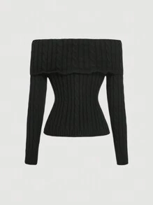SHEIN MOD Off-Shoulder Cable Knit Front Pearl Button Elegant Black Sweater, Autumn And Winter Sweater, Sexy One-Shoulder Sweater, Clothing - Black - View 2