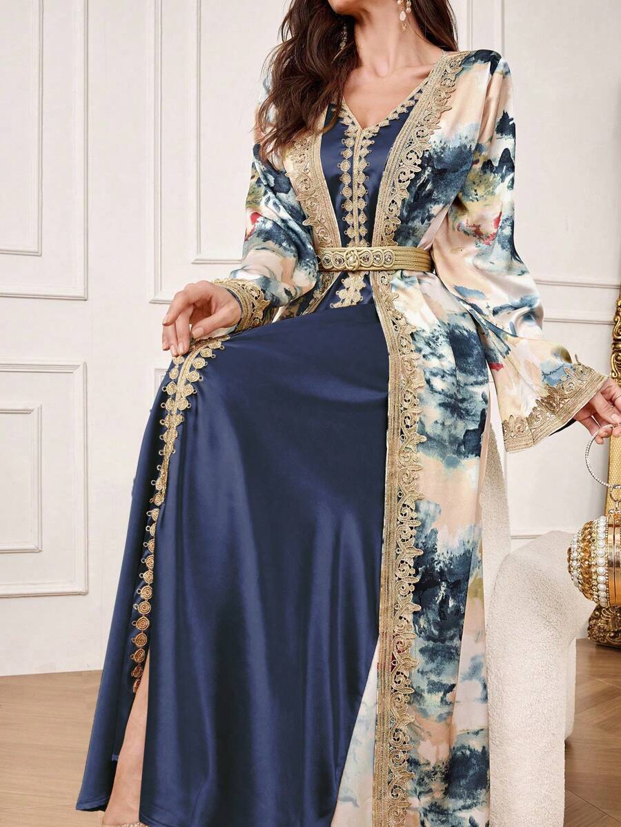 Al Najma 女式优雅花卉印花拼布阿拉伯连衣裙，秋季，朴素的长袍 - 藍色 - 查看 1