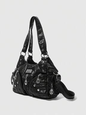 ROMWE Grunge Punk パンクロック風 レディース ショルダートートバッグ、ダークコアモーターサイクルハンドバッグ