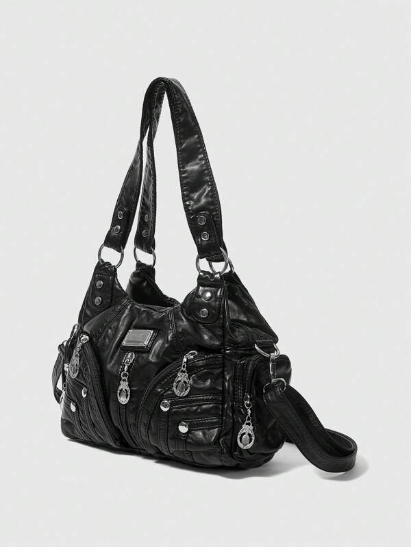 ROMWE Grunge Punk New Punk Rock Chic Ladies Shoulder Tote Bag, Darkcore Motorcycle Handbag For Women, New Fashionable Big Bags For Women