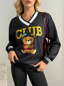 INAWLY Women Plain Color Block Long Sleeve Casual Pullover Sweatshirt With Bear Pattern Details  Fall Outfit - Navy Blue - View 3