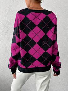 EURMUSE Argyle Pattern Drop Shoulder Sweater - Multicolor - View 2
