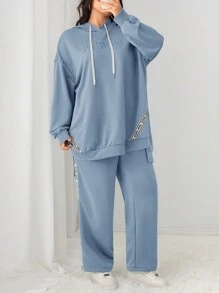 Mulvari Conjunto de 2 piezas talla grande casual con capucha con cordón y estampado de letras y pantalón de chándal, conjunto de 2 piezas para otoño