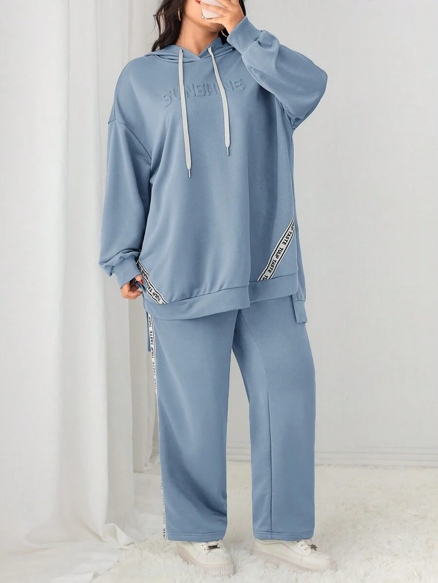 Mulvari Conjunto de 2 piezas talla grande casual con capucha con cordón y estampado de letras y pantalón de chándal, conjunto de 2 piezas para otoño