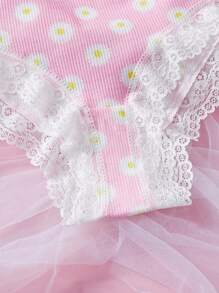 2 pièces/Set Ensemble de lingerie avec patchwork en dentelle et imprimé soleil pour fille