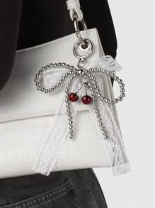 ROMWE Goth 1 件 Y2K 精致甜美时尚百搭高品质手工串珠银 CCB 白色蕾丝蝴蝶结仿樱桃吊坠钥匙扣包饰，适合女性女孩日常穿着和节日礼物 - 白色 - 查看 2