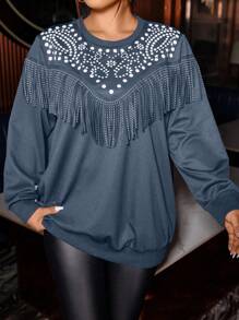 Calvaya Plus Size Dames Ronde Hals Trui Gebreid Bedrukt Kwastje Strass Versierd Lange Mouw Hoodie