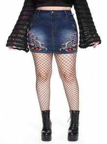 ROMWE Fairycore Plus Size Women Vintage Floral Embroidery Bodycon Mini Denim Skirt - Blue - View 5