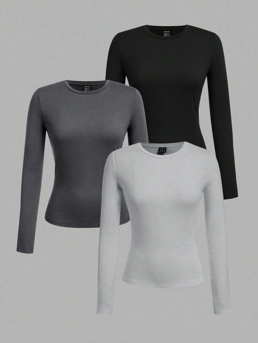 SHEIN EZwear 3pcs Women Casual Tight Round Neck Long Sleeve T-Shirt Set, Spring/Autumn And Winter - Multicolor - View 1