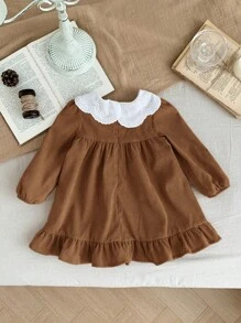 SHEIN LMoss Kids 女婴可爱棕色灯芯绒拼布彼得潘领长袖连衣裙，秋冬 - 棕色 - 查看 2