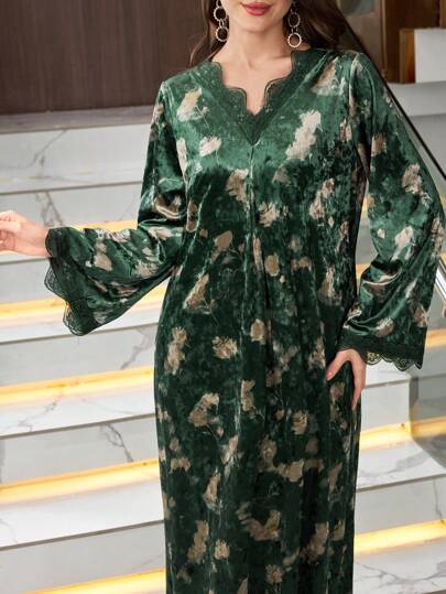 Al Najma 女士天鹅绒花卉印花撞色蕾丝优雅阿拉伯连衣裙，休闲朴素束腰阿拉伯连衣裙，适合日常休闲/居家