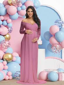 Maternity Lace V-Neck Long Sleeve Dress Maxi Gown For Photography Baby Shower Party - Red Violet - View 1