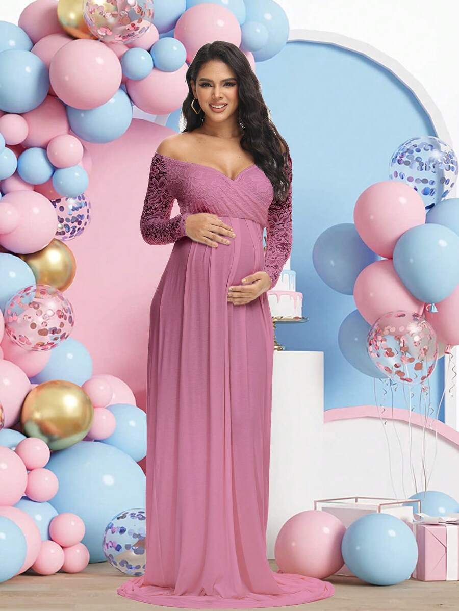 Maternity Lace V-Neck Long Sleeve Dress Maxi Gown For Photography Baby Shower Party - Red Violet - View 1