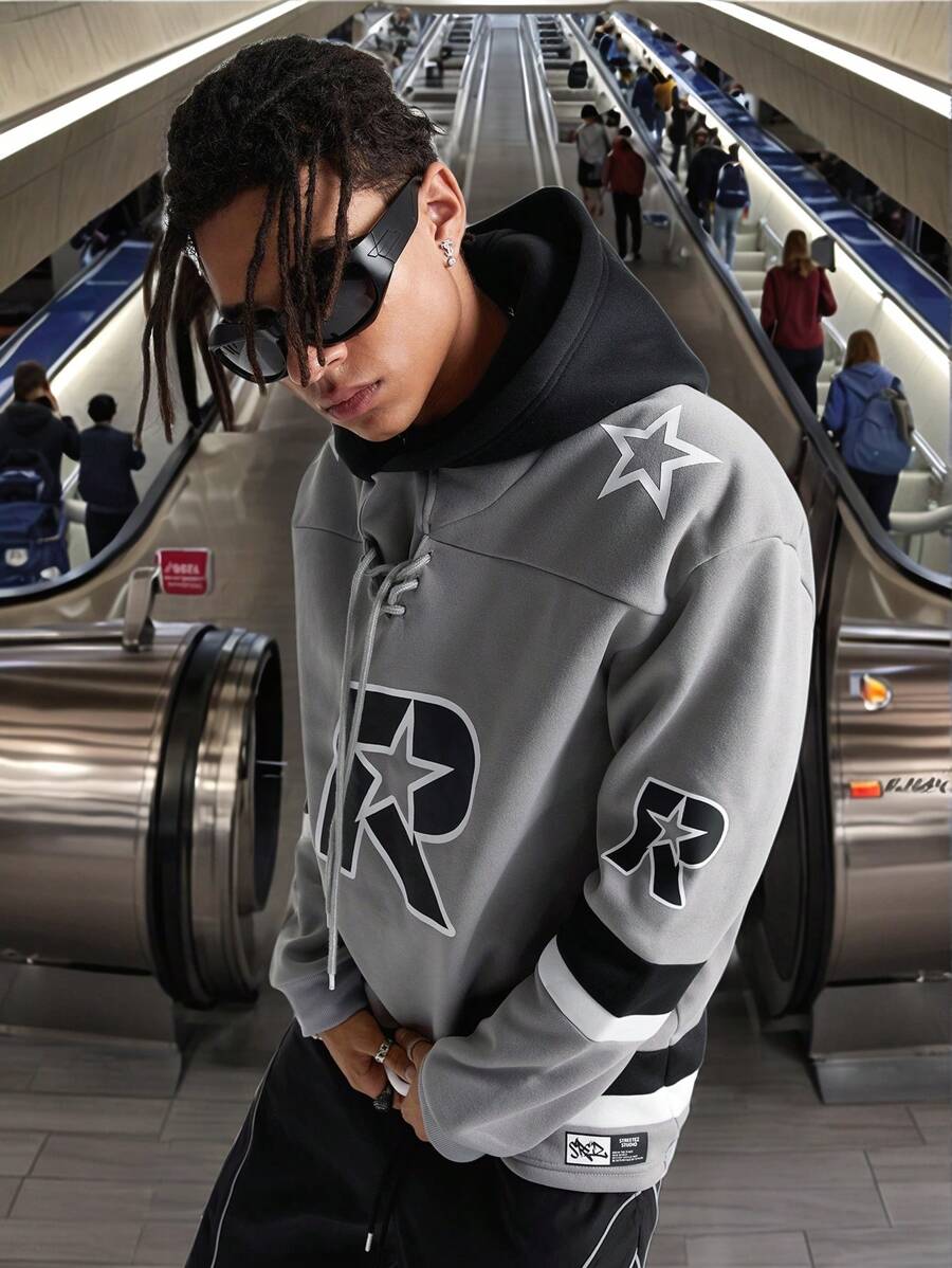 Manfinity NXTstreet 男士休闲拼色条纹字母印花连帽衫,秋冬长袖连帽衫,适合送给朋友、丈夫、男朋友的礼物 - 灰色 - 查看 1