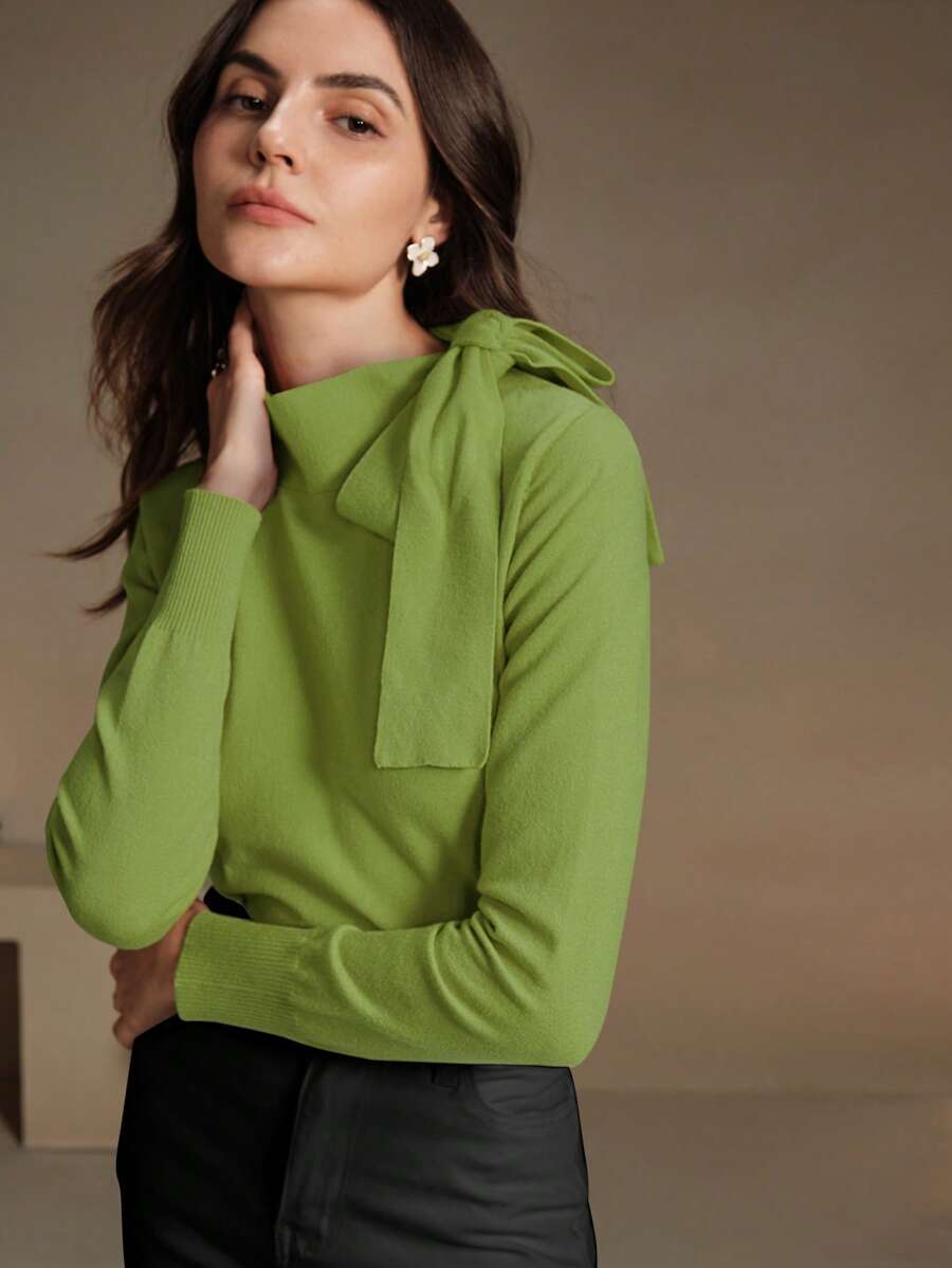 Anewsta Women's Elegant Solid Color Bowknot Shoulder Design Pullover Sweater, Suitable For Autumn, Winter, Going Out, Leisure, Formal, Party, Fashionable, New Year, Christmas, Work, Graduation, Wedding - Green - View 1