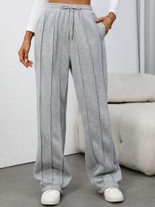 Flirla Tall 女士高腰灰色破洞拼接抽绳直腿休闲运动裤，时尚简约，秋冬 - 灰色 - 查看 4