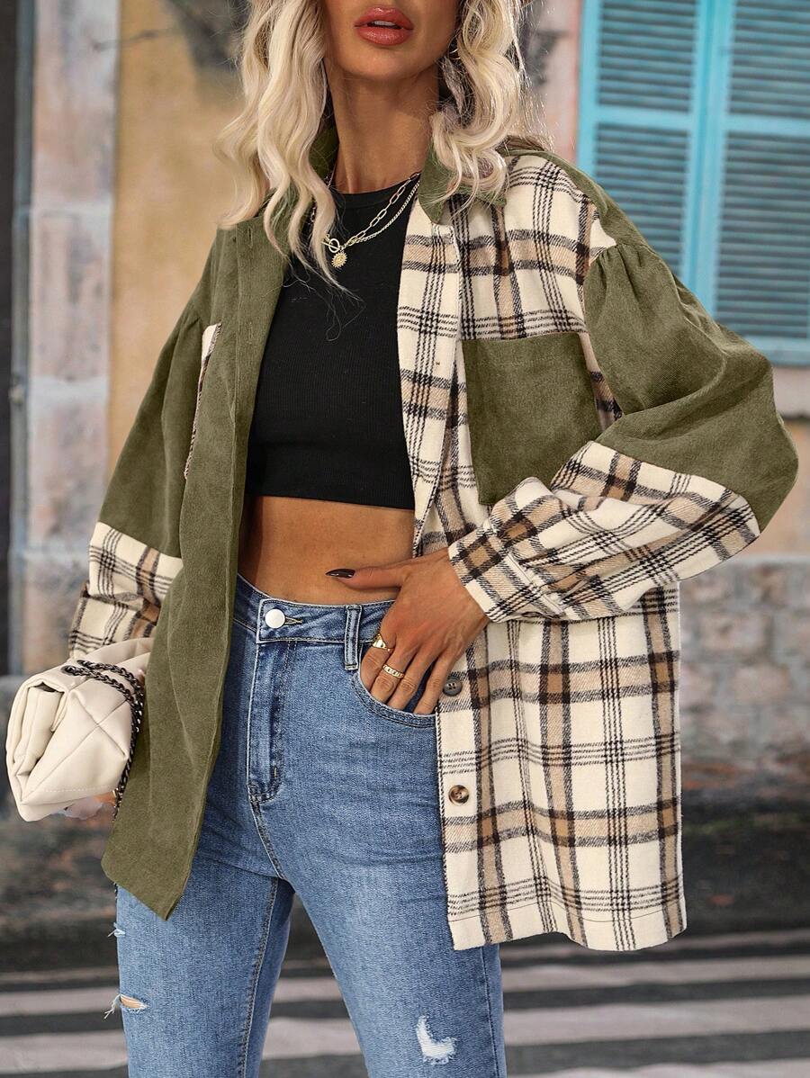 SHEIN LUNE Casual Plaid Patchwork Regular Jacket, Spring/Autumn - Olive Green - View 1