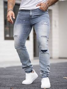 Manfinity LEGND 男式街头水洗泼漆做旧紧身休闲牛仔裤 - 淺色水洗藍 - 查看 1