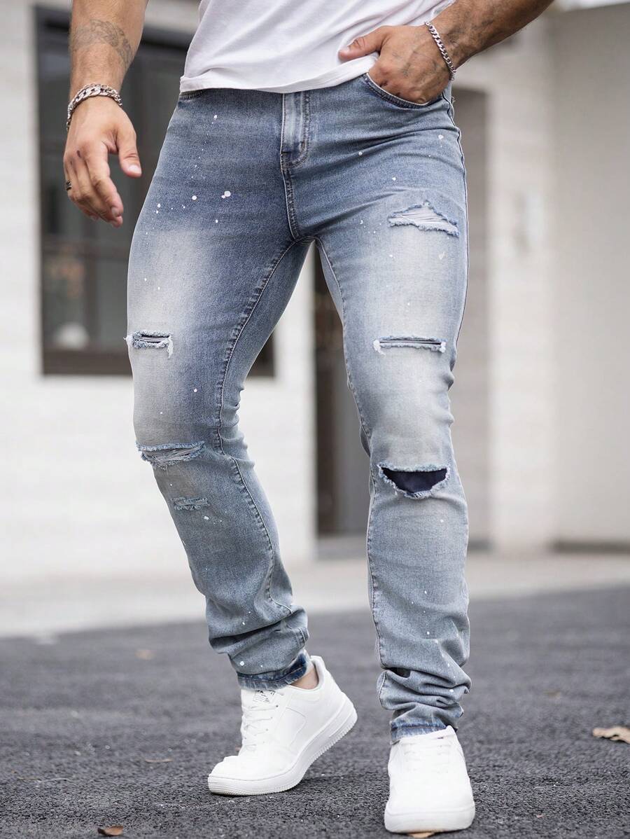 Manfinity LEGND 男式街头水洗泼漆做旧紧身休闲牛仔裤 - 淺色水洗藍 - 查看 1