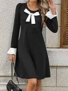 SHEIN Clasi Đầm ngắn chữ A tay chuông nơ khối màu - màu đen - Xem 5