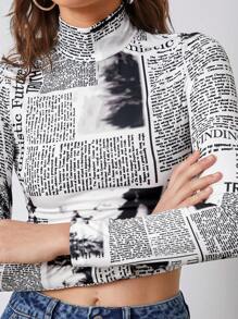 SHEIN EZwear 報紙印花小高領短款T恤 - 白色 - 查看 4