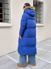 SHEIN Cottnline Women Front Zipper Long Sleeve Pocket Minimalist Faux Fur Patchwork Hooded Jacket - Teal Blue - View 2