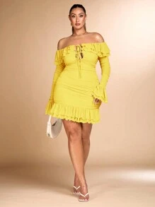 SHEIN BAE Plus Size Women Romantic Sweet Party Bodycon Ruffled Off-Shoulder Mini Dress - Yellow - View 3